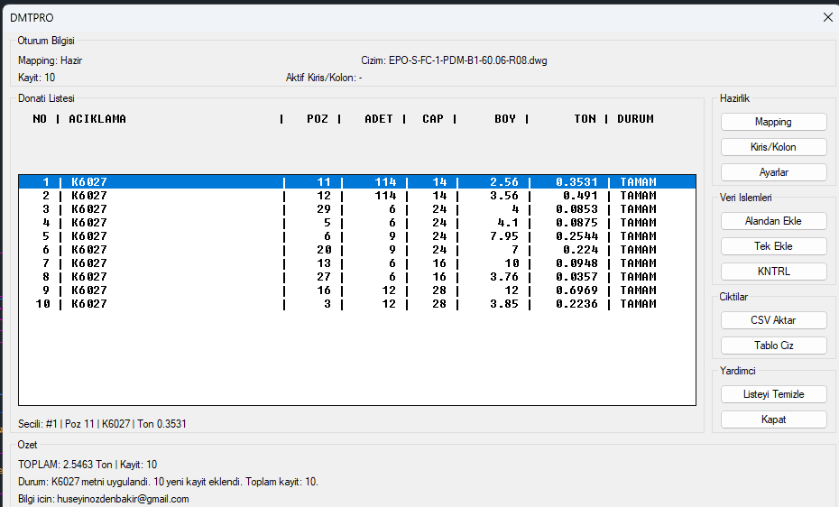 DMTPRO arayüzünde kayıt listesi, işlem butonları ve kiriş kolon ismi seç akışı