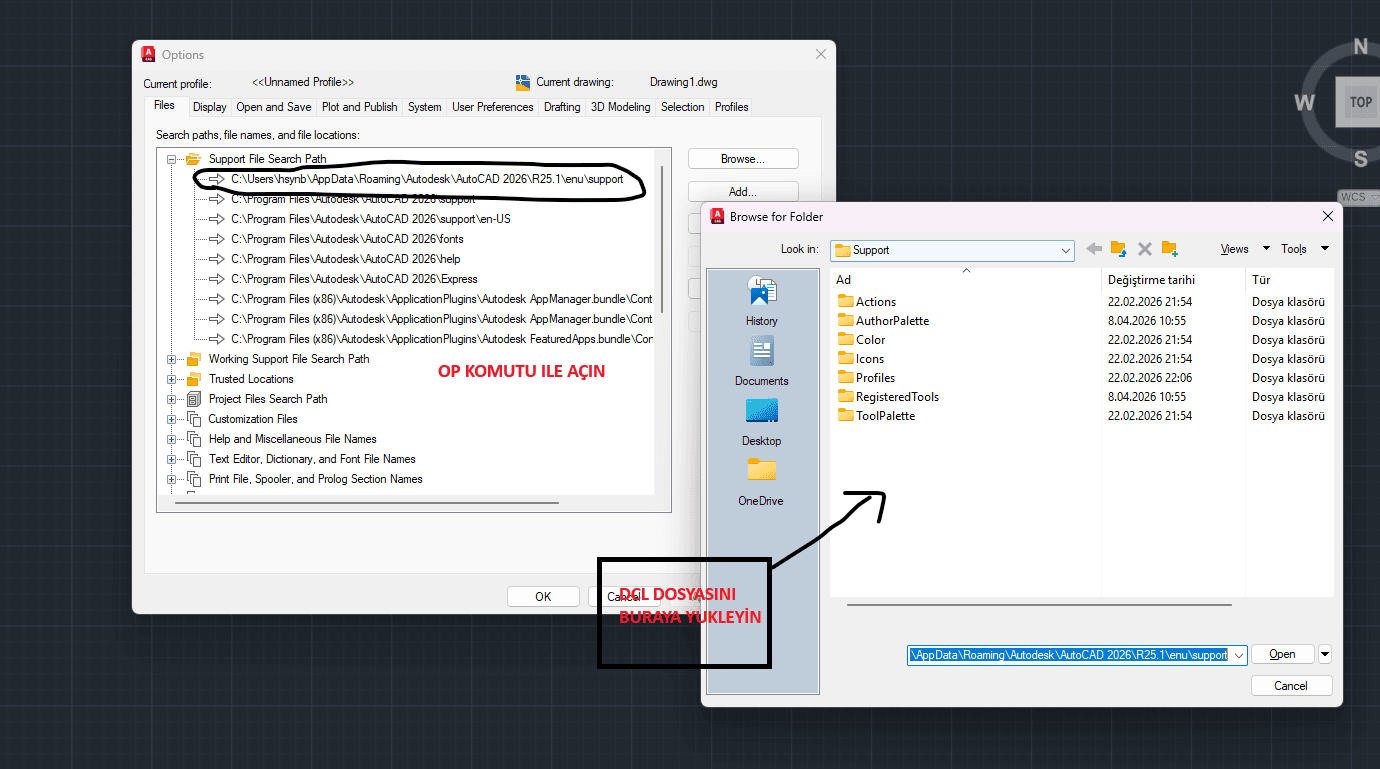 DMTTXTMAP - AutoCAD Donatı Text Eşleme ve Filtreleme Lispi için DCL dosyasını Support File Search Path listesine ekleme görseli